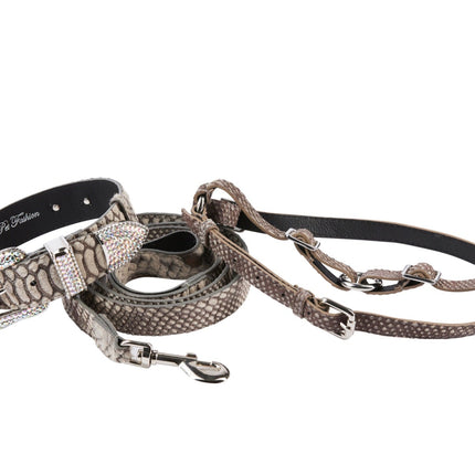 Grey Snake Print Hair On Hide Italian Leather Collar & Leash Set With Swarovski Crystal Hardware