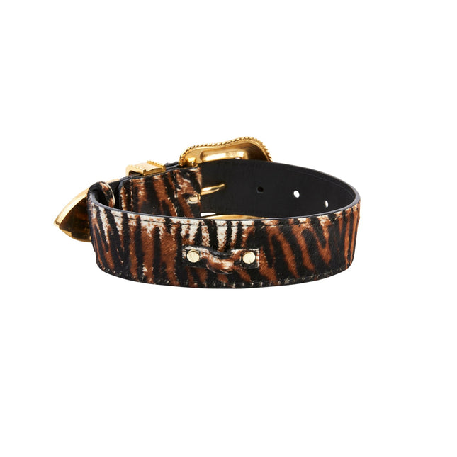 Tiger Print Hair On Hide Collar With Swarovski Crystal Hardware