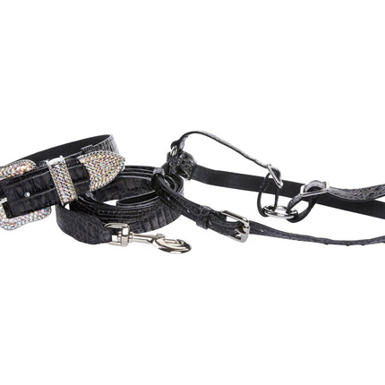 Dark Grey/Light Grey Embossed Croc Italian Leather Silver Swarovski Crystal Collar, Leash, Harness Set