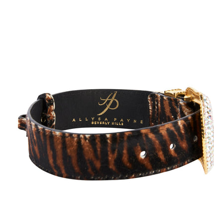 Tiger Print Hair On Hide Collar With Swarovski Crystal Hardware