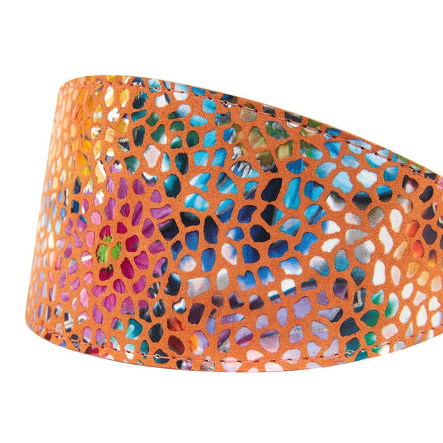 Orange Floral Mosaic Italian Leather 3” Wide Style Collar