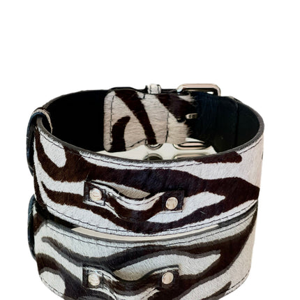 Luxury Pet Fashion Zebra Print Hair On Hide Italian Leather Collar With Classic Hardware