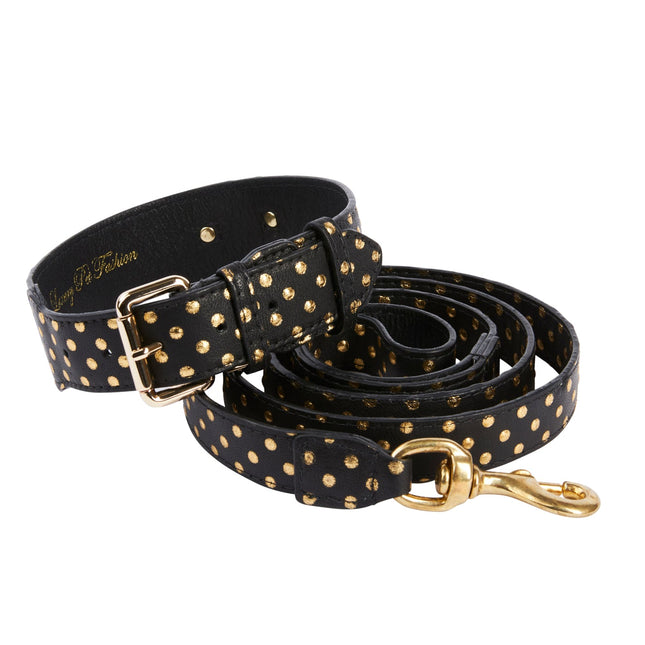 Black & Gold Polka Dot Italian Leather Classic Collar & Leash Set