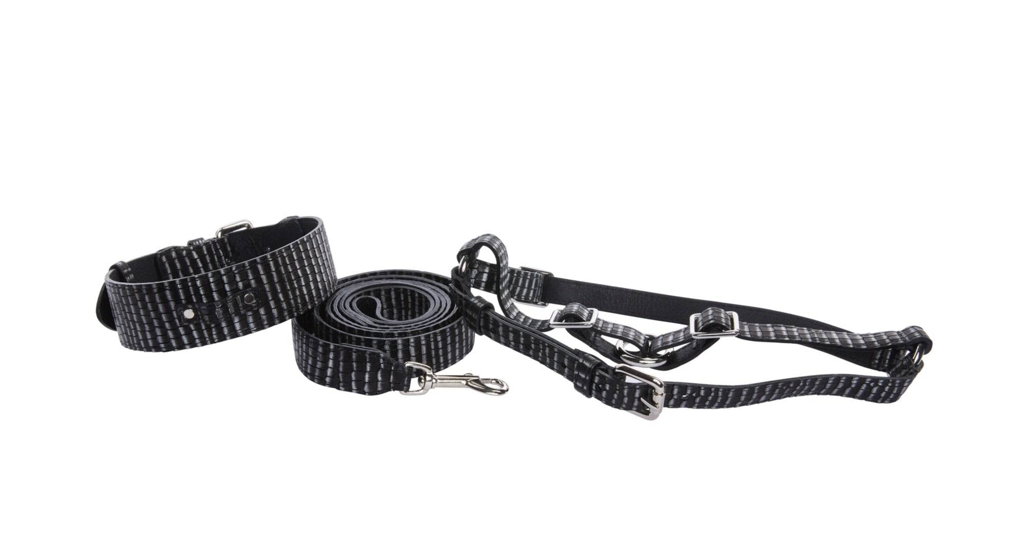 Black & Silver Striped Italian Leather Classic Collar, Leash & Harness Set With Silver Hardware