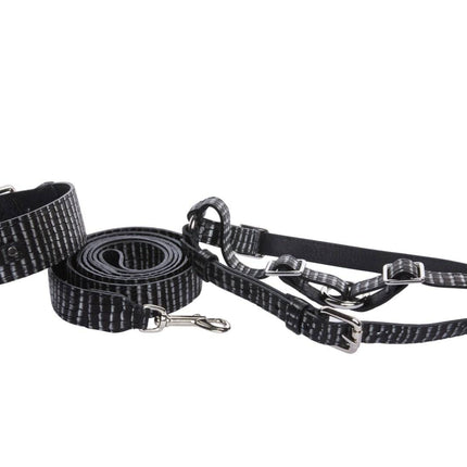 Black & Silver Striped Italian Leather Classic Collar, Leash & Harness Set With Silver Hardware