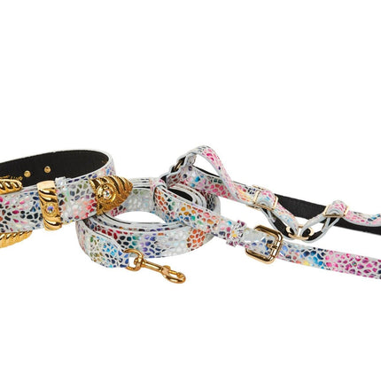 White Floral Mosaic Italian Leather Collar, Leash, Harness Set with Orante Swarovski Crystal Hardware