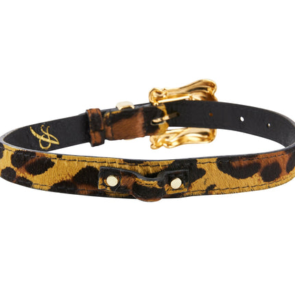 Leopard Print Hair On Hide Italian Leather Collar With Ornate Italian Hardware