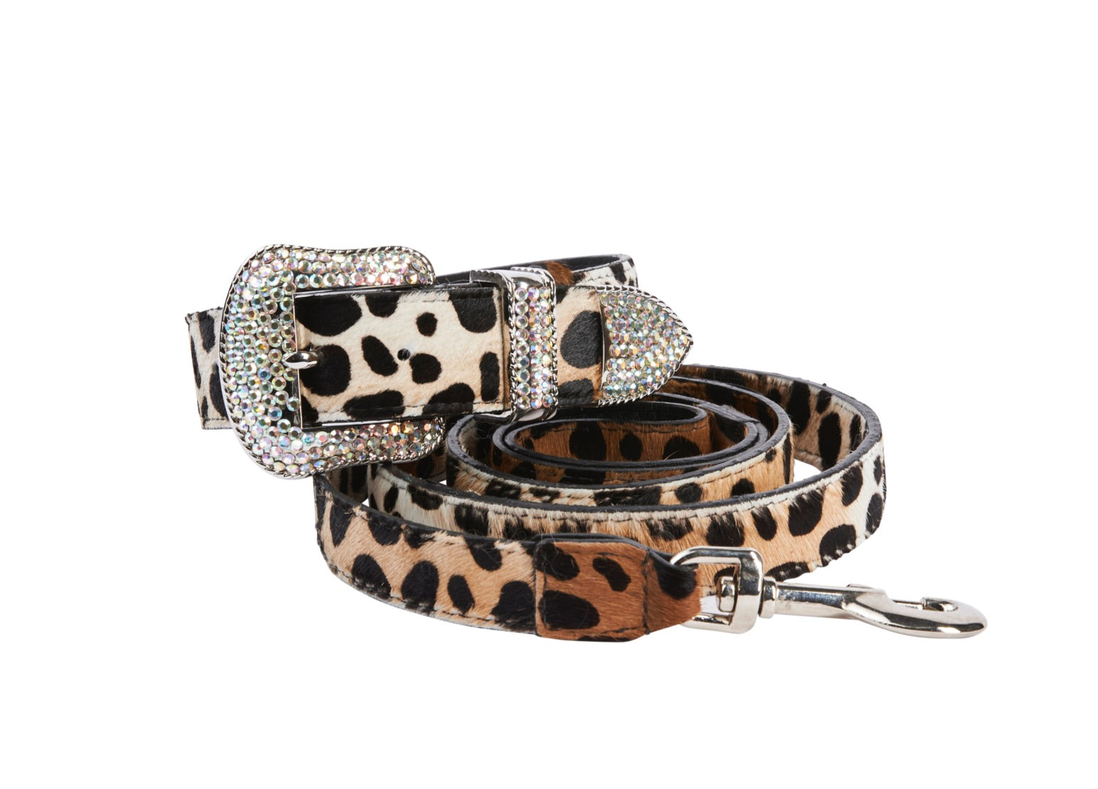 Animal Print Hair On Hide Italian Leather/Swarovski Crystal Collar & Leash Set