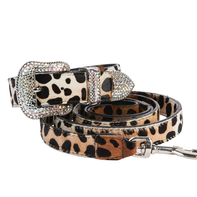 Animal Print Hair On Hide Italian Leather/Swarovski Crystal Collar & Leash Set