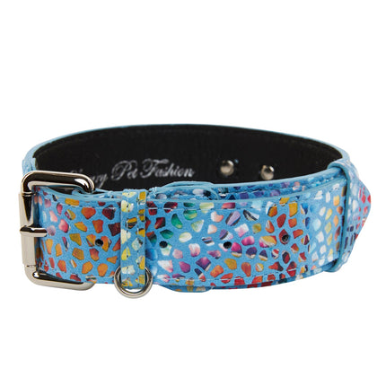 Luxury Pet Fashion Blue Floral Mosaic Italian Leather Collar