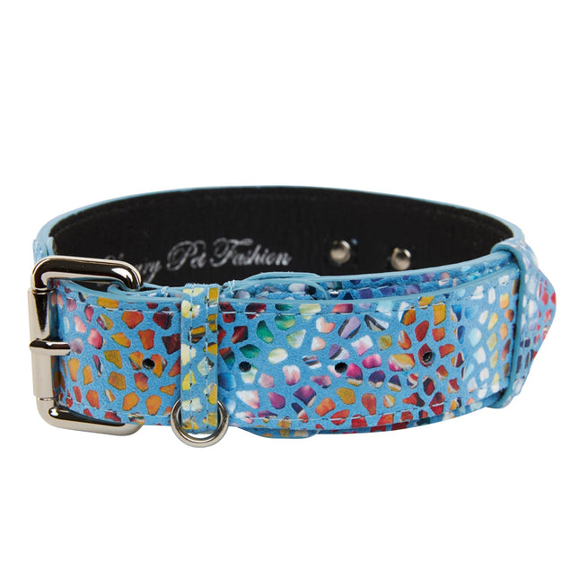 Luxury Pet Fashion Blue Floral Mosaic Italian Leather Collar