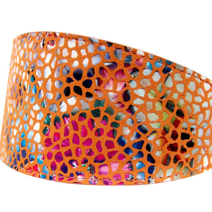 Orange Floral Mosaic Italian Leather 3” Wide Style Collar