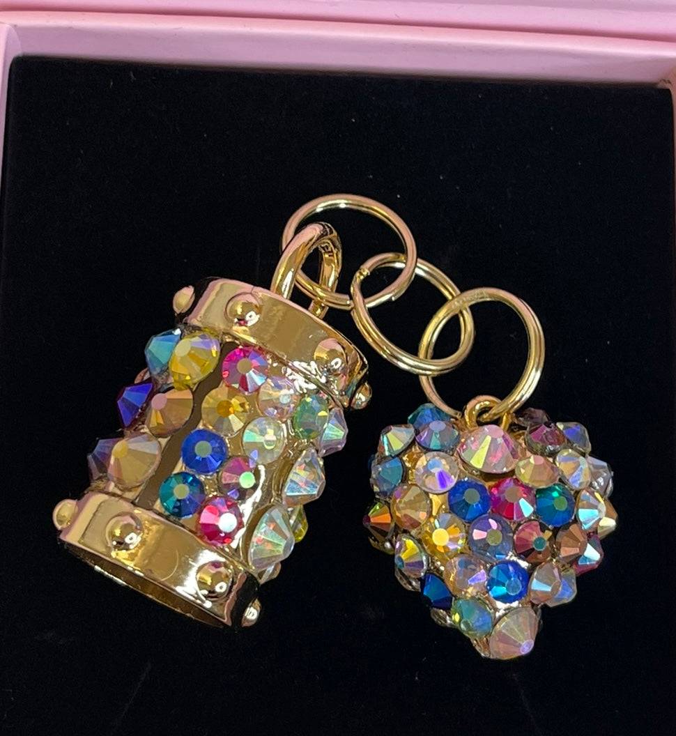 Set Of 2 Rainbow Color Swarovski Crystal Heart & Cylinder Matching Swarovski Charm