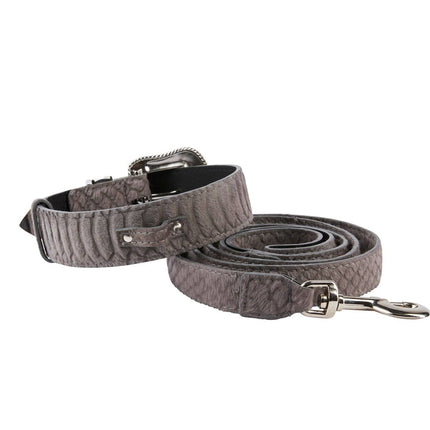 Dark Grey Snake Print Hair On Hide Italian Leather Collar & Leash Set With Swarovski Crystal Hardware