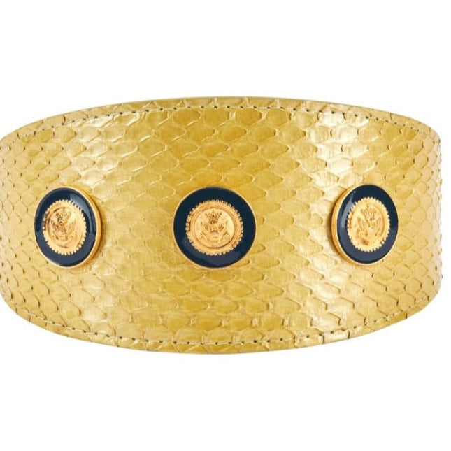 Pearl Yellow Snake With Vintage Gold & Navy Rivets. 3” Wide Style Collar