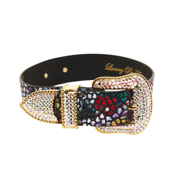 Luxury Pet Fashion Black Floral Mosaic Italian Leather With Gold Swarovski Crystal Hardware