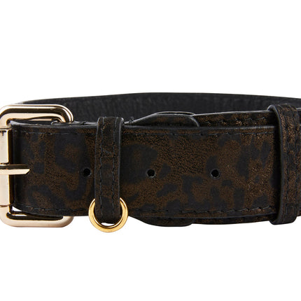 Dark Brown/Bronze Abstract Leopard Print Italian Leather Collar With Classic Hardware