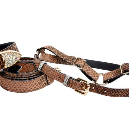 Brown/Black Embossed Snake Italian Leather Collar With Swarovski Crystal Hardware Leash & Harness Set