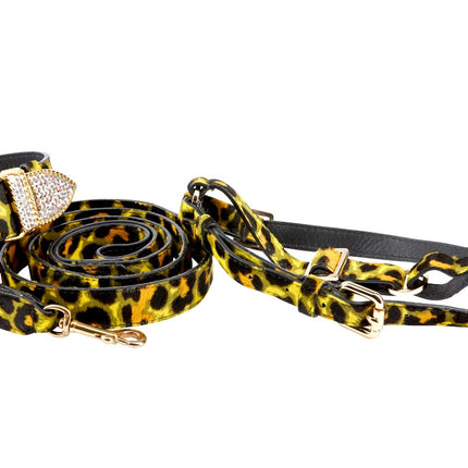 Yellow, Green, Black, Orange Leopard Print Hair On Hide Italian Leather Collar, With Swarovski Crystal Hardware, Leash & Harness Set