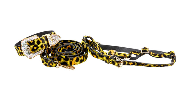 Yellow, Green, Black, Orange Leopard Print Hair On Hide Italian Leather Collar, With Swarovski Crystal Hardware, Leash & Harness Set