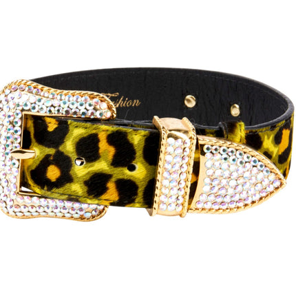 Yellow, Green, Black, Orange Leopard Print Hair On Hide Italian Leather Collar, With Swarovski Crystal Hardware