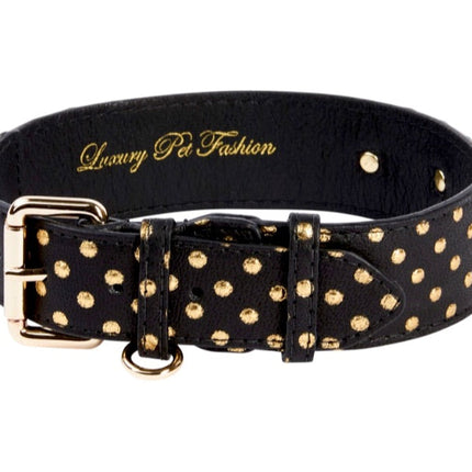 Black & Gold Polka Dot Italian Leather Classic Collar