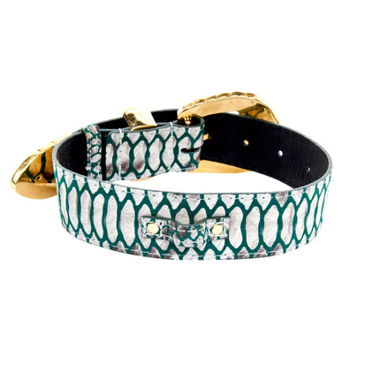 Green & Off White Embossed Python Print Italian Leather With Ornate Swarovski Crystal Hardware