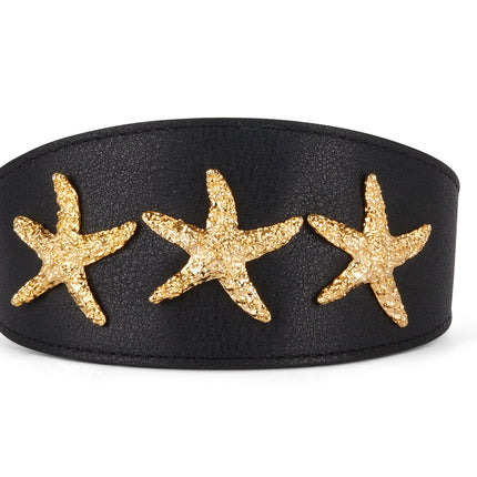 Smooth Black Italian Leather 3” Wide Style Collar With Gold Custom Starfish