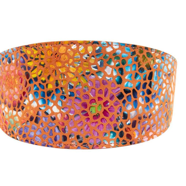 Orange Floral Mosaic Italian Leather 3” Wide Style Collar