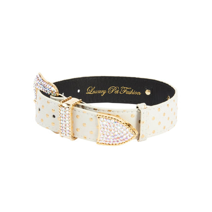 XL White and Gold Polka Dot Italian Leather/Swarovski Crystal Hardware Collar