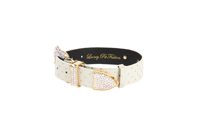 XL White and Gold Polka Dot Italian Leather/Swarovski Crystal Hardware Collar