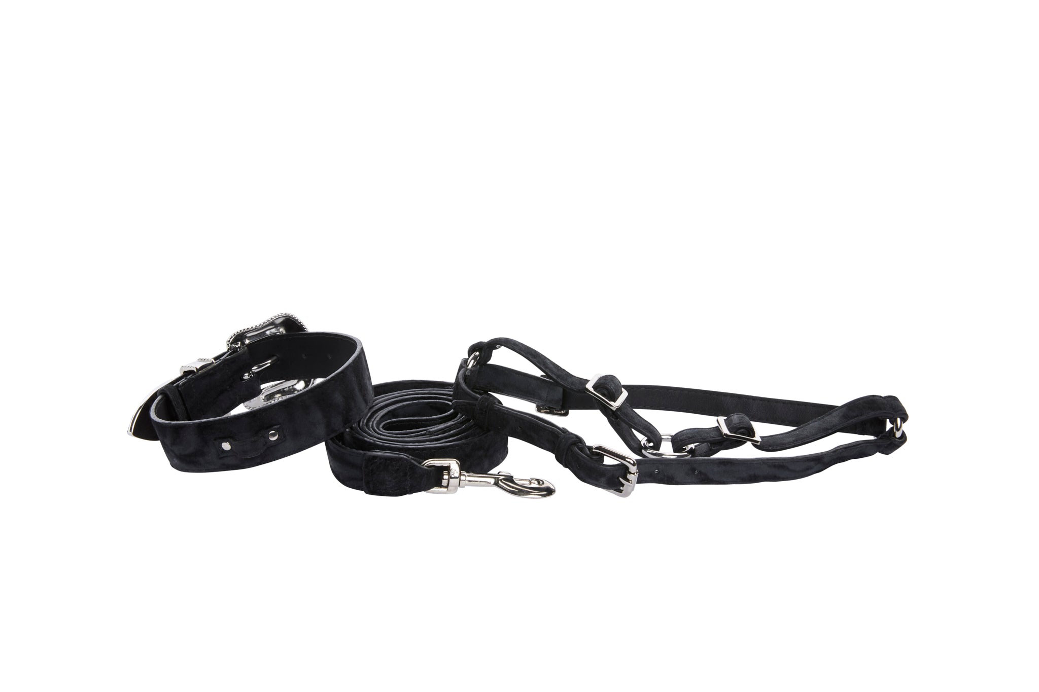 Black & Dark Navy Blue Glamorous, Classic Italian Leather With Silver Swarovski Hardware Collar, Leash, Harness, Set