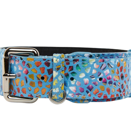 Luxury Pet Fashion Blue Floral Mosaic Italian Leather Collar