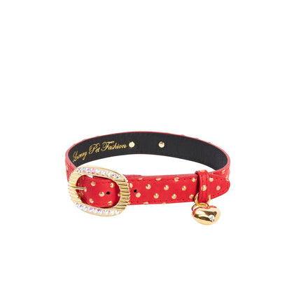 Red & Gold Polka Dot Italian Leather Collar With Italian/Swarovski Hardware & Heart Charm