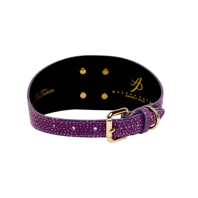 Purple & Pink Embossed Stingray Print Italian Leather 3” Wide Style Collar With Large Custom Gold Rivet