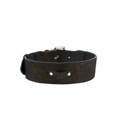 Dark Brown/Bronze Abstract Leopard Print Italian Leather Collar With Classic Hardware