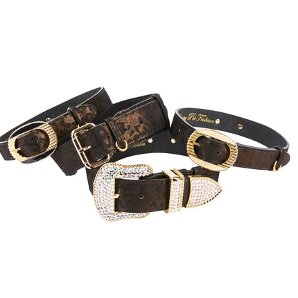 Dark Brown/Bronze Abstract Leopard Print Italian Leather Set Of 4 Collars With Italian Hardware