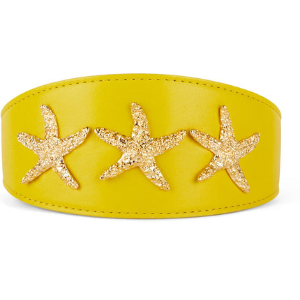 Smooth Yellow Italian Leather 3” Wide Style Collar With Custom Gold Starfish