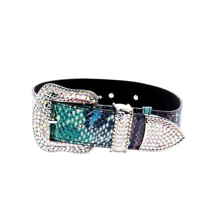 Green, Blue, Black, Red Embossed Snake Italian Leather Collar With Silver Swarovski Hardware