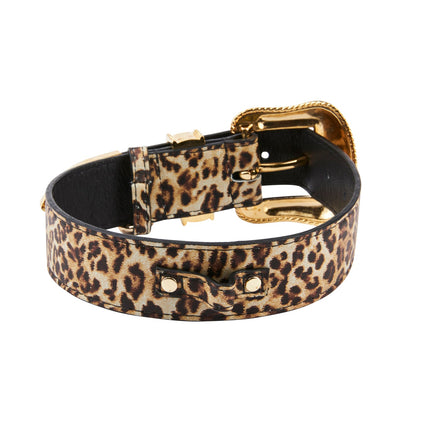 Leopard Print Italian Leather Collar With Swarovski Crystal Hardware Set Of 2