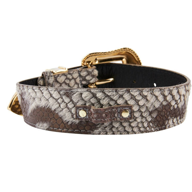 Grey/Bronze Snake Print Hair On Hide Italian Leather Collar With Swarovski Crystal Hardware