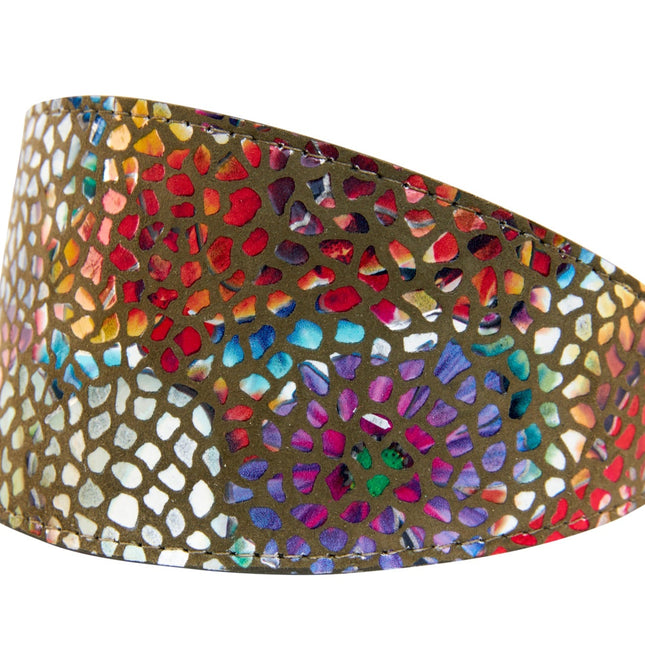 Olive Floral Mosaic Italian Leather 3” Wide Style Collar