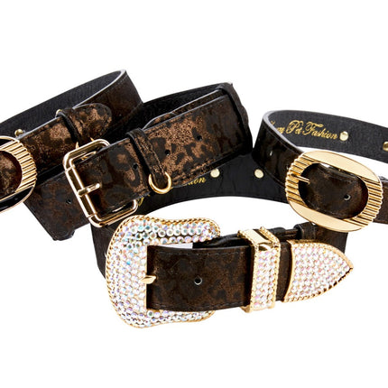 Dark Brown/Bronze Abstract Leopard Print Italian Leather Set Of 4 Collars With Italian Hardware