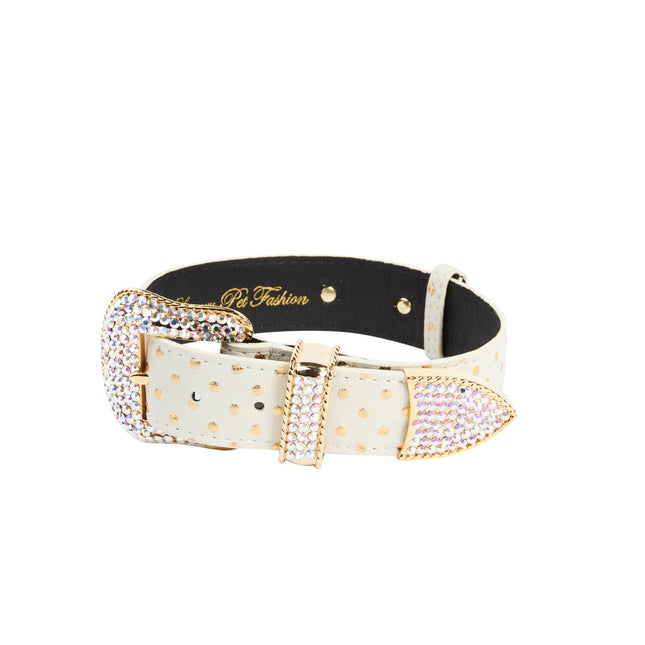 XL White and Gold Polka Dot Italian Leather/Swarovski Crystal Hardware Collar