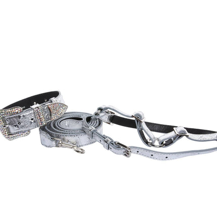 Silver Studded Italian Leather Swarovski Crystal Collar, Leash, Harness Set