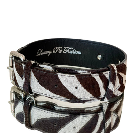 Luxury Pet Fashion Zebra Print Hair On Hide Italian Leather Collar With Classic Hardware