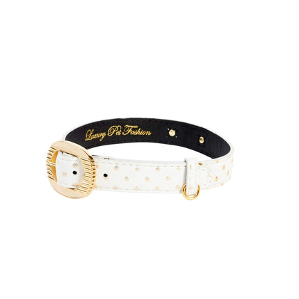 White & Gold Polka Dot Italian Leather Collar With Orante Italian Hardware