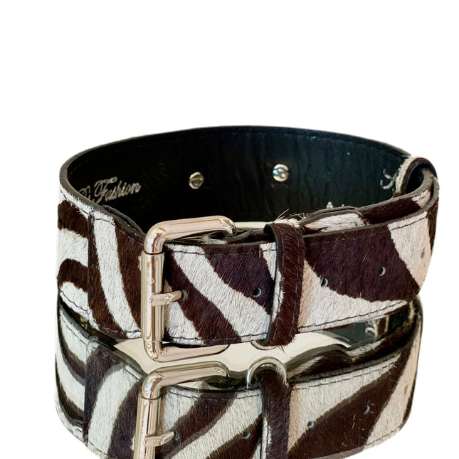 Luxury Pet Fashion Zebra Print Hair On Hide Italian Leather Collar With Classic Hardware