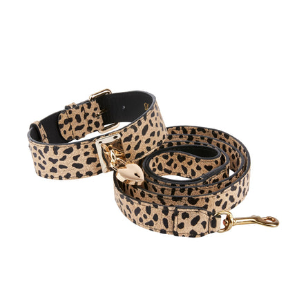 Champagne Gold Leopard Print Italian Leather Reversible Heart Locket/Classic Collar & Leash Set