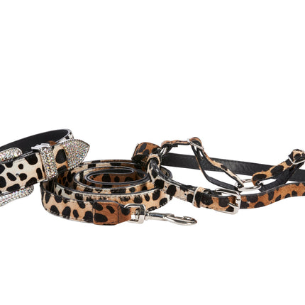 Snow Leopard Print Hair On Hide Italian Leather Swarovski Crystal Collar, Leash, Harness Set